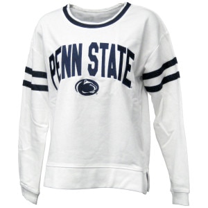 women's white crew neck sweatshirt with Penn State arched above Athletic Logo